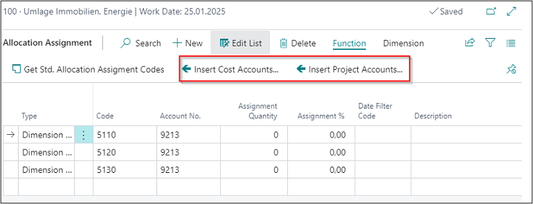 Insert Cost or Projects Accounts