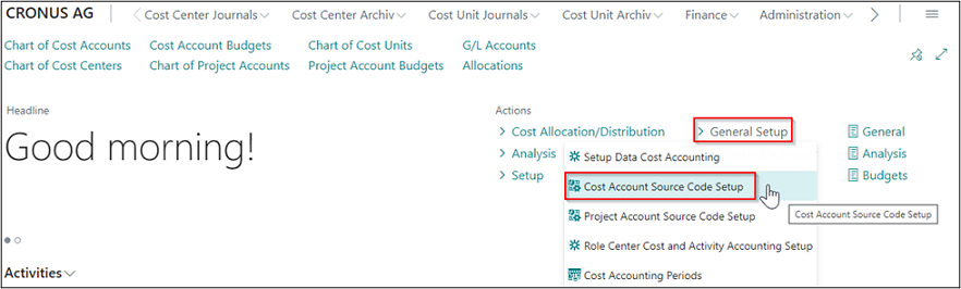 General Setup - Cost Account Source Code Setup