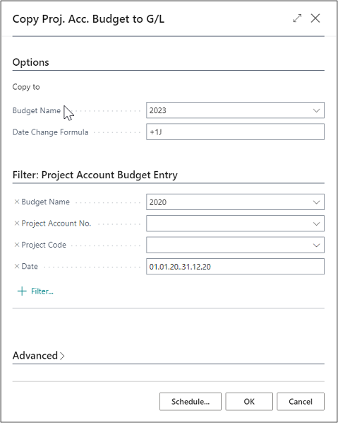 Copy Project Account Budget to G/L