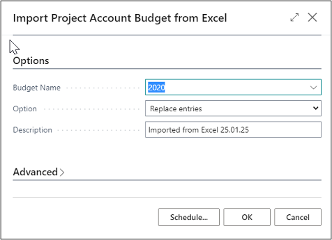 Import Project Account Budget from Excel