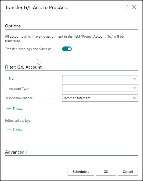 Transfer G/L Accounts to Project Accounts