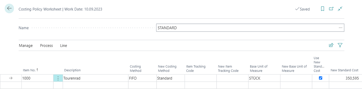 Costing Policy Worksheet - Item with standard cost