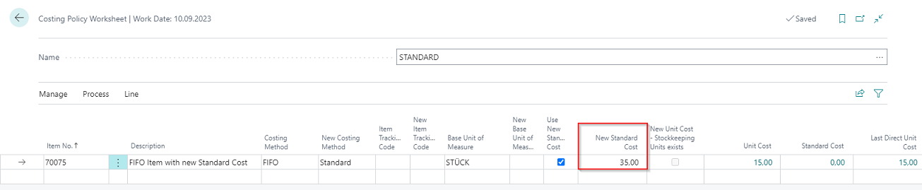 Costing Policy Worksheet - Item with new Standard Cost