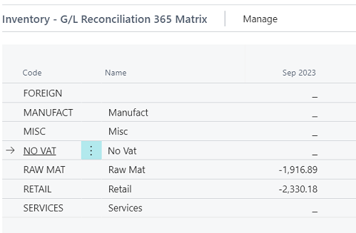 Inventory - G/L Reconciliation 365 Matrix - Gen. Product Posting Group