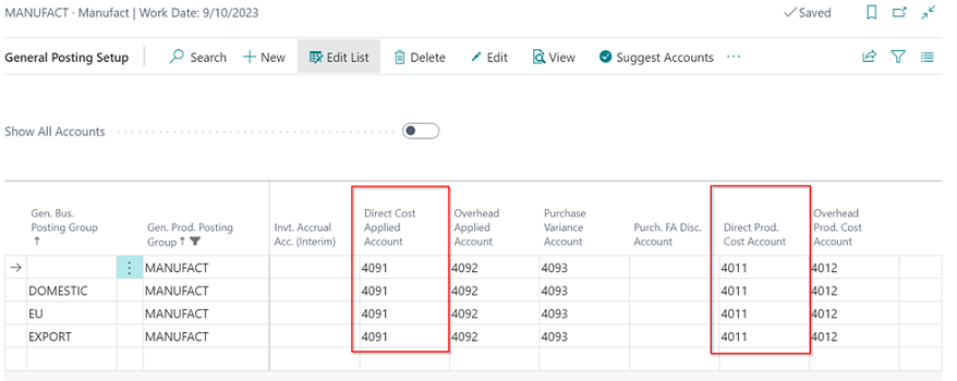 Example General Posting Setup - Capacity Entries Manufacturing Direct Costs