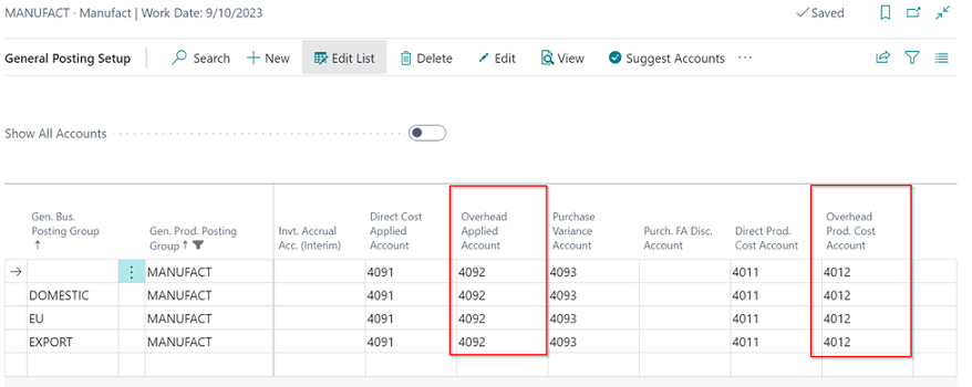 Example General Posting Setup - Capacity Entries Manufacturing Overhead