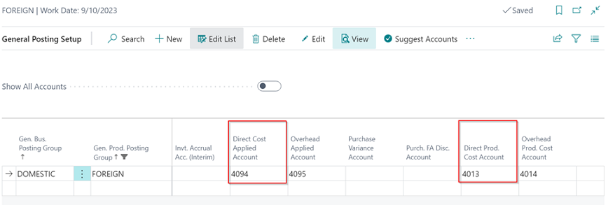 Example General Posting Setup - Capacity Entries Subcontracted Direct Costs