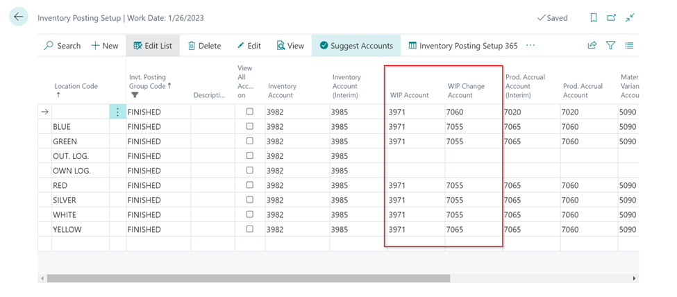 Example Inventory Posting Setup - Capacity Manufacturing Direct Costs
