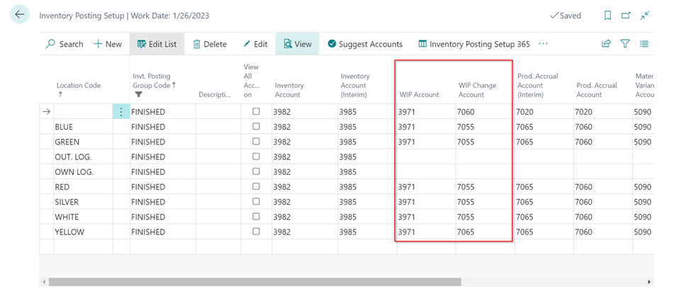 Example Inventory Posting Setup - Capacity Entries Subcontracted Direct Costs